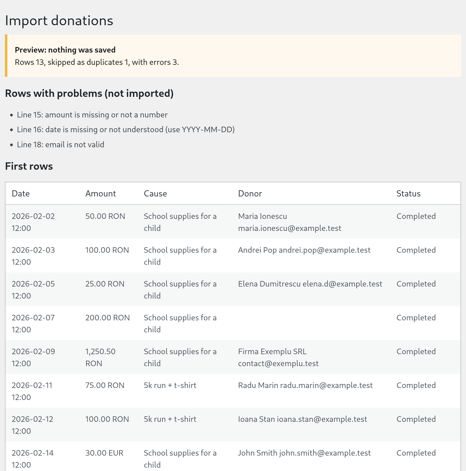 The Import screen after a preview: a summary of ready rows, duplicates and errors, a list of rows with problems, and a table of the first rows.