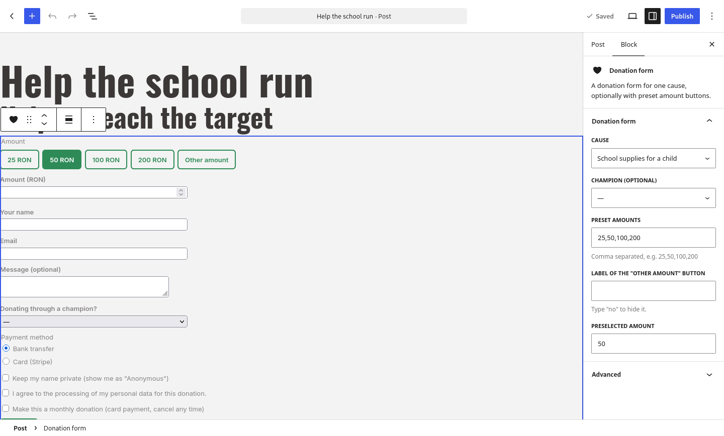 The block editor with the Donation form block selected: a live preview of the form and, in the sidebar, the cause, champion and preset amounts settings.