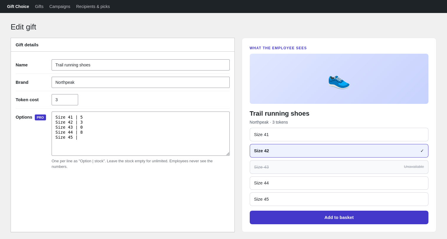 The gift editor with five options and their stock, next to the employee's gift page where Size 42 is selected and Size 43 is marked unavailable.