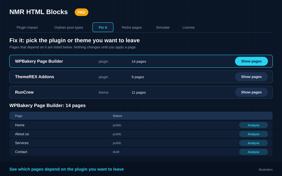 Fix it tab: a list of plugins and themes with the number of pages that depend on each, and the pages of the selected plugin with an Analyse button