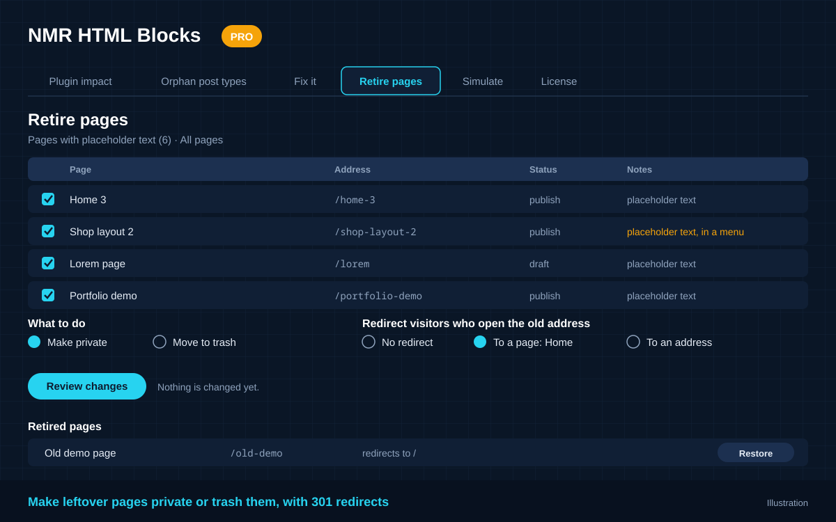 Retire pages screen: demo pages with placeholder text selected, options to make them private or trash them, redirect choices, and a list of retired pages with Restore