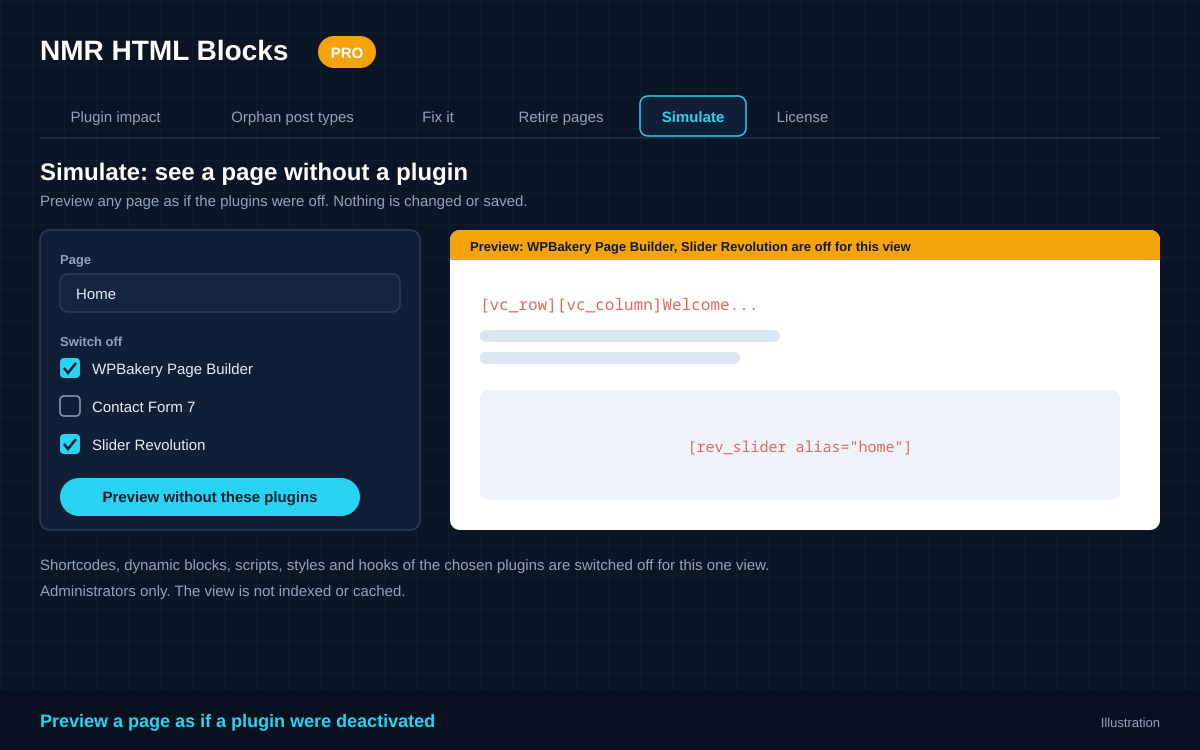 Simulate screen: choose a page and the plugins to switch off, then preview the page without them
