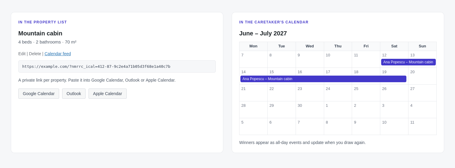 The Calendar feed link of a property, and a month view of a calendar app where a winner appears as an event across the booked week.